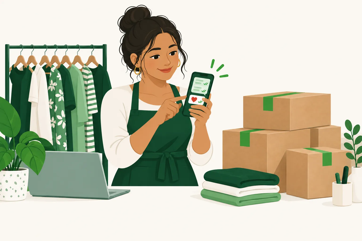 La dueña de la tienda sonríe mientras mira mensajes entregados y leídos en su celular, junto a pedidos listos para enviar