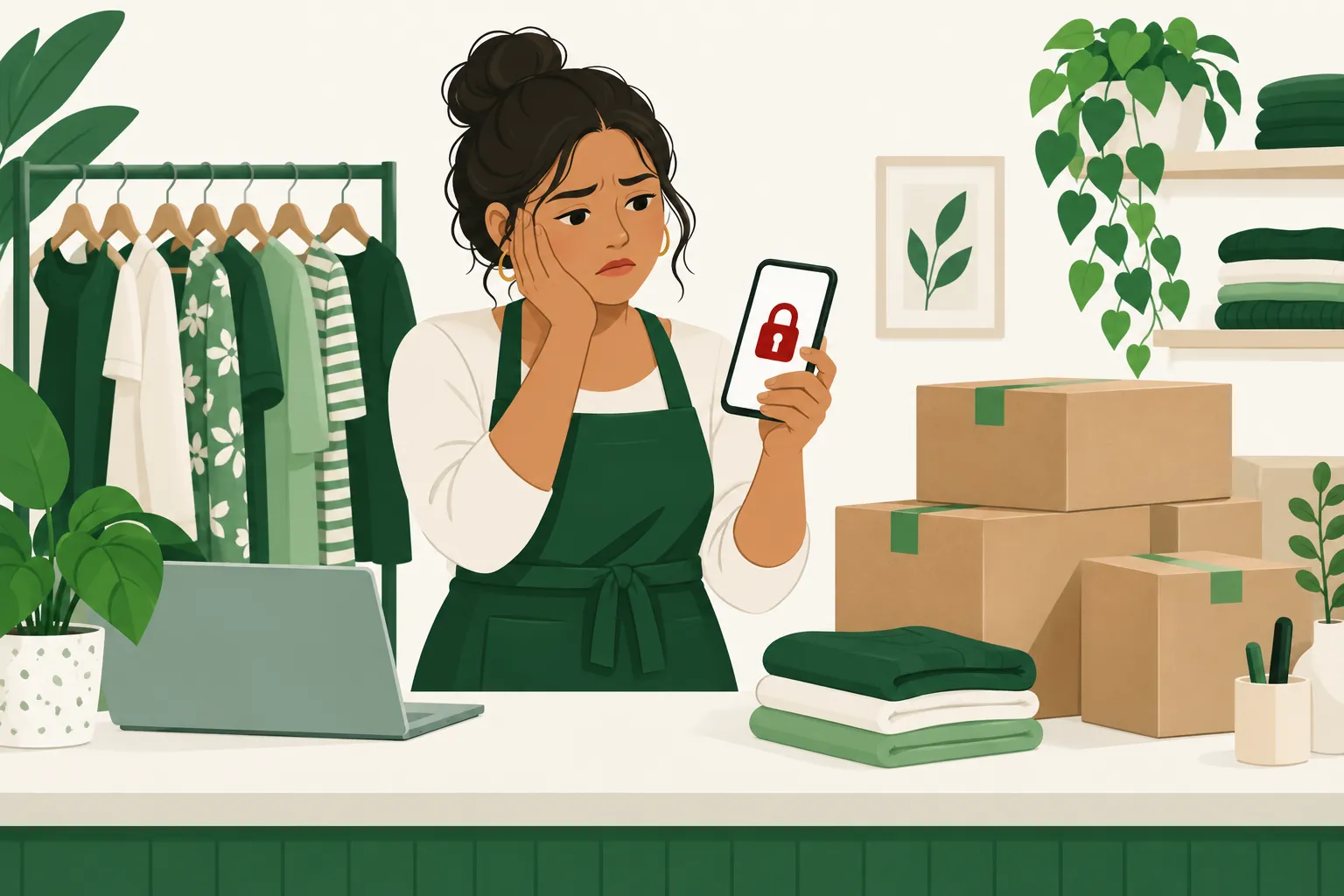 Dueña de una tienda de ropa mira preocupada su celular bloqueado, con pedidos sin enviar sobre el mostrador